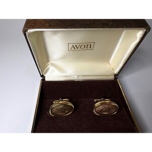 Vintage Avon Mens Cufflinks Gold Tone Textured Oval Pattern with Original Box